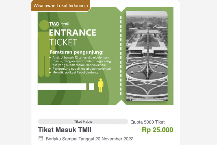 Tiket masuk ke TMII terpantau habis terjual, Minggu (20/11/2022).