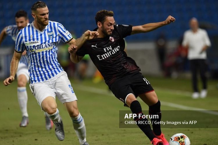 Hakan Calhanoglu dibayang-bayangi Francesco Vicari dalam laga SPAL vs AC Milan pada lanjutan pekan ke-29 Liga Italia di Stadion Paolo Mazza, Kamis (2/7/2020) dini hari WIB. 