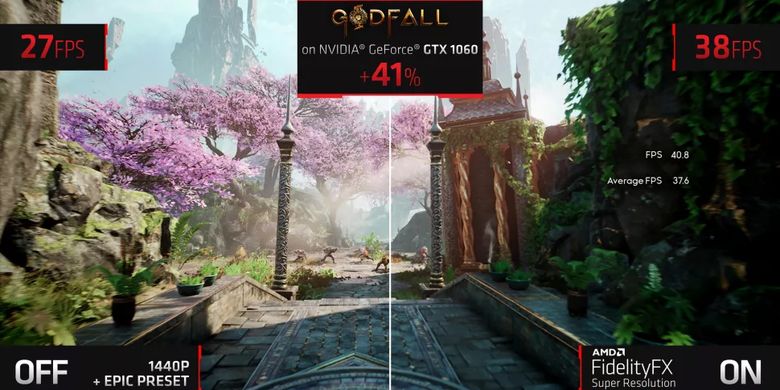 Game Godfall yang berjalan GPU Nvidia GeForce GTX 1060 menggunakan fitur AMD FSR.