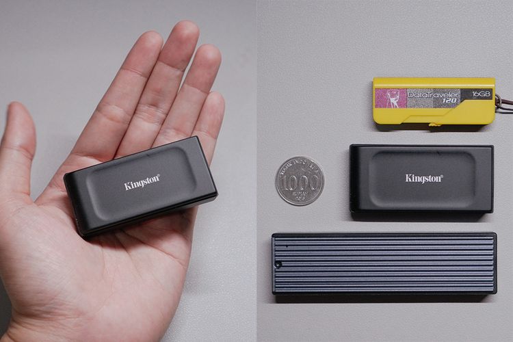 SSD eksternal Kingston XS1000 berukuran kecil sehingga mudah dibawa-bawa. Ukurannya lebih pendek dari enclosure SSD NVME 2280 eksternal  (gambar kanan, bawah), dan juga hanya sedikit lebih besar dari flash disk. 