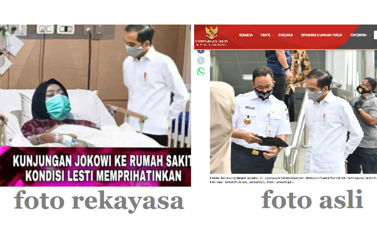 Tangkapan layar perbandingan foto Presiden Joko Widodo hasil rekayasa digital dan foto aslinya ketika meninjau penerapan protokol kesehatan di MRT Bundaran Hotel Indonesia pada Selasa (26/5/2020). 