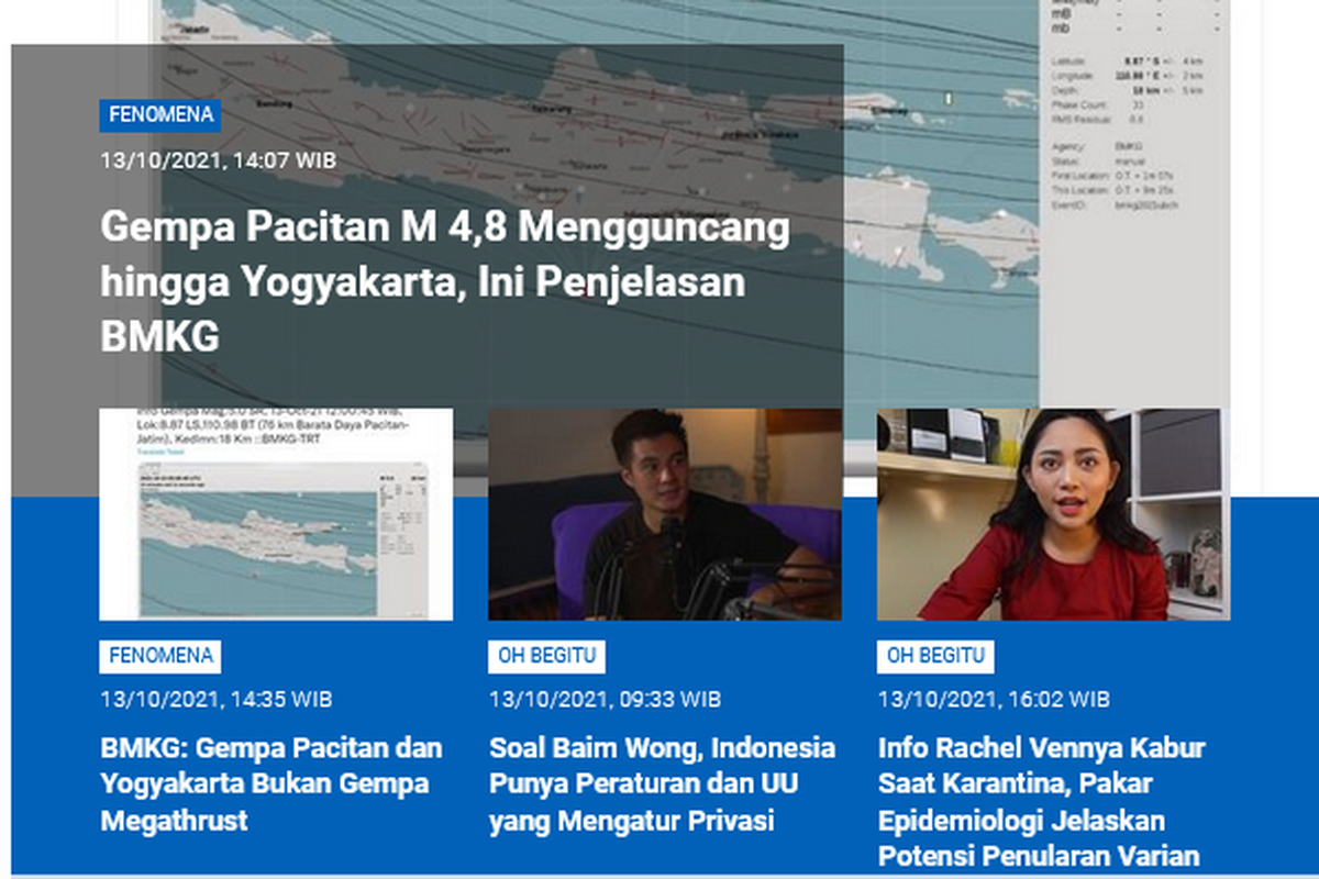 Tangkapan layar berita populer Sains sepanjang Rabu (13/10/2021) hingga Kamis (14/10/2021). Gempa Pacitan yang terasa kuat hingga Yogyakarta, hingga dugaan Rachel Vennya kabur dari karantina yang bisa picu penularan varian Mu.