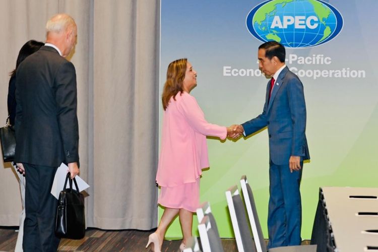 Presiden Joko Widodo saat menggelar pertemuan bilateral dengan Presiden Peru Dina Boluarte di Moscone Center, San Fransisco,  Amerika Serikat, pada Kamis (16/11/2023) waktu setempat.