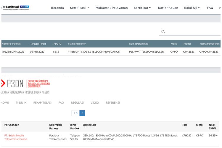 Perangkat Oppo CPD2521 yang diyakini sebagai Oppo Reno 10 Pro Plus terdaftar di laman sertifikasi TKDN dan Postel.