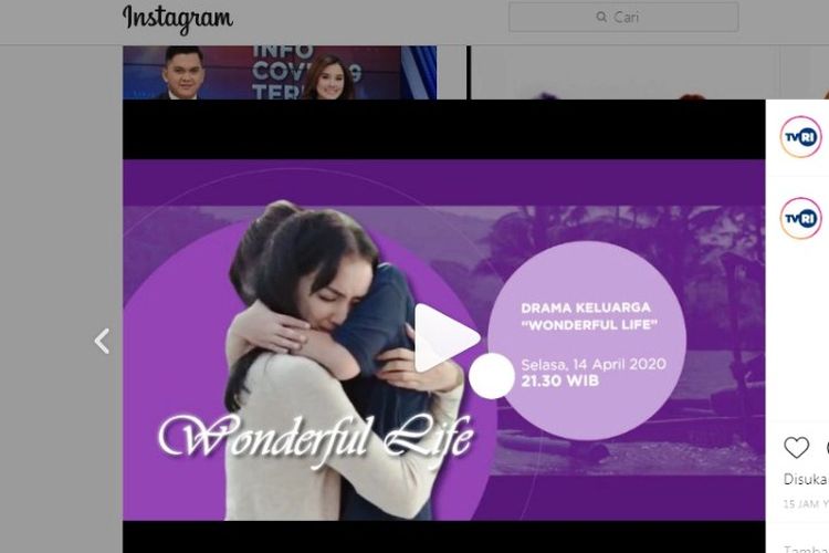 Tangkapan layar Drama Keluarga Wonderful Life yang bakal tayang di TVRI, Selasa (14/4/2020) malam.