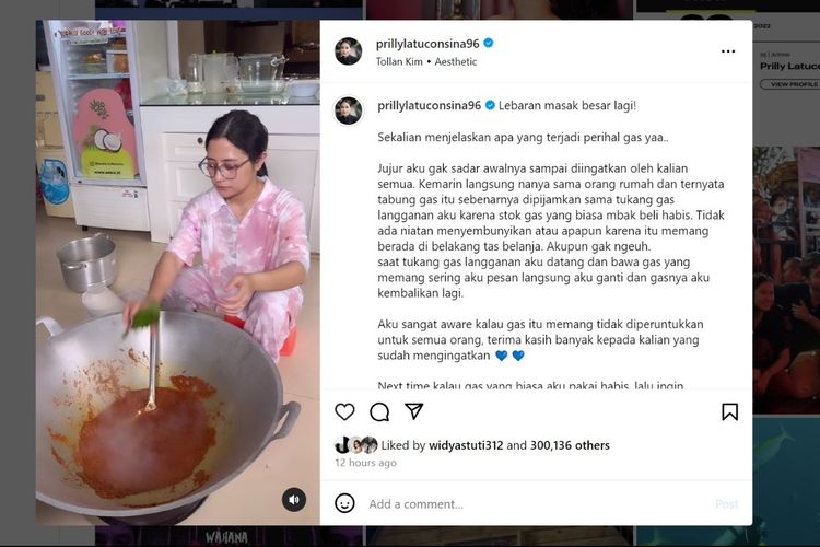 Aktris Prilly Latuconsina memberikan klarifikasi soal dirinya memasak di rumah memakai tabung gas elpiji 3 kilogram, Selasa (9/4/2024).