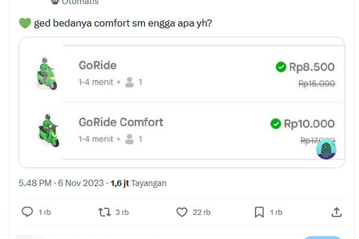 Tangkapan layar perbedaan GoRide dan GoRide Comfort.