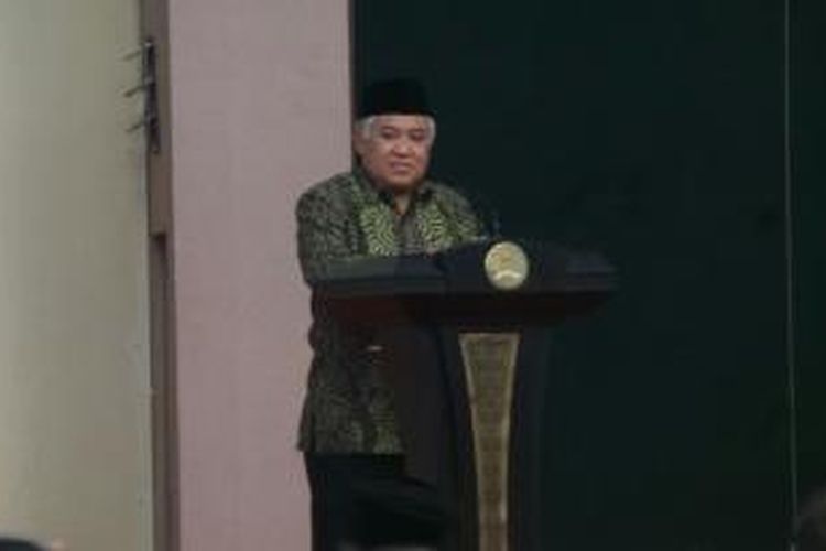 Ketua Majelis Ulama Indonesia (MUI) Din Syamsuddin, saat memberi sambutan di acara refleksi akhir tahun dan Musyawarah Pra-Kongres Umat Islam Indonesia VI, di Gedung MPR, Jakarta, Selasa (23/12/2014).