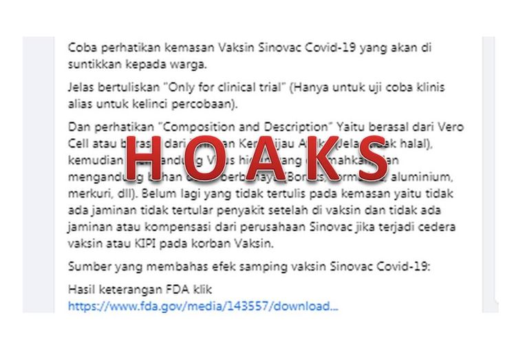 Hoaks, informasi yang menyebutkan vaksin Sinovac untuk kelinci percobaan, mengandung bahan tak halal, serta menggunakan boraks dan formalin.