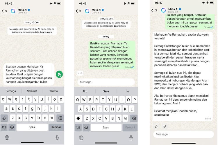 Ilustrasi cara membuat ucapan menyambut Ramadhan 2025 otomatis via Meta AI WhatsApp.