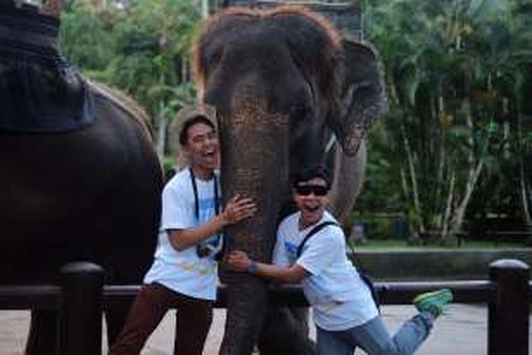 Peserta TakeMeAnywhere berfoto dengan gajah di Elephant Safari Park, Gianyar, Bali, Jumat (18/3/2016).