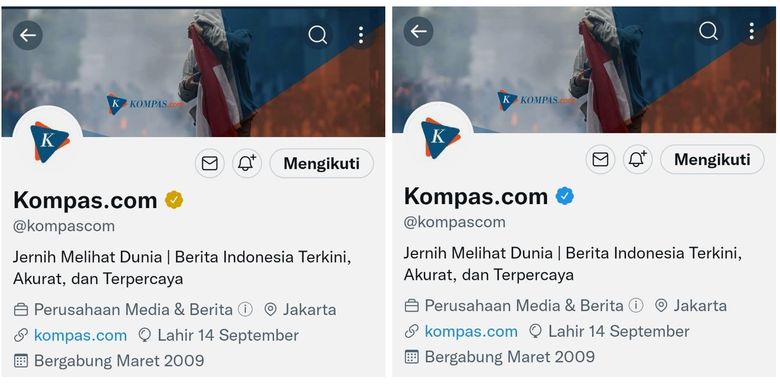 Perubahan lencana di akun resmi Kompas.com, di mana centang biru yang lama (kanan) kini berubah menjadi centang emas.