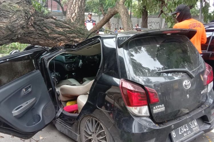 Pohon tumbang menimpa mobil di Jalan Ciater Raya, Serpong, Tangerang Selatan, Sabtu (5/2/2022).