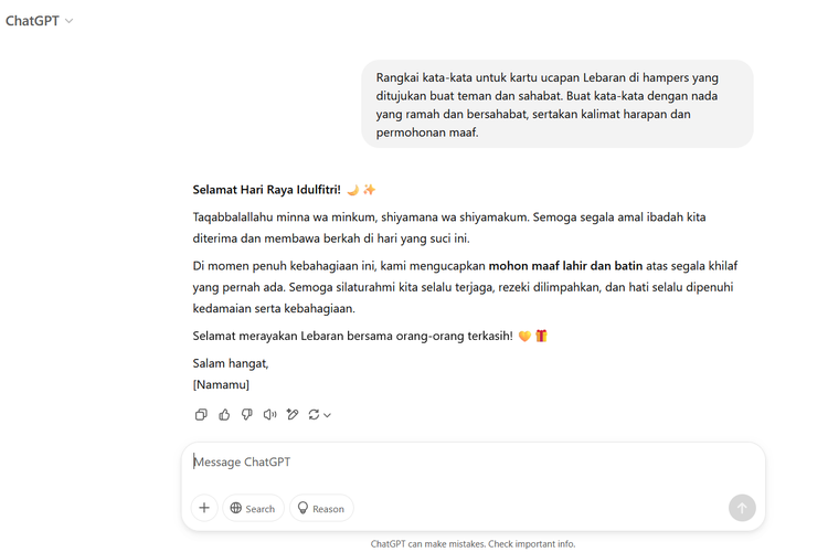Ilustrasi cara membuat kata-kata kartu ucapan Lebaran untuk hampers via ChatGPT.