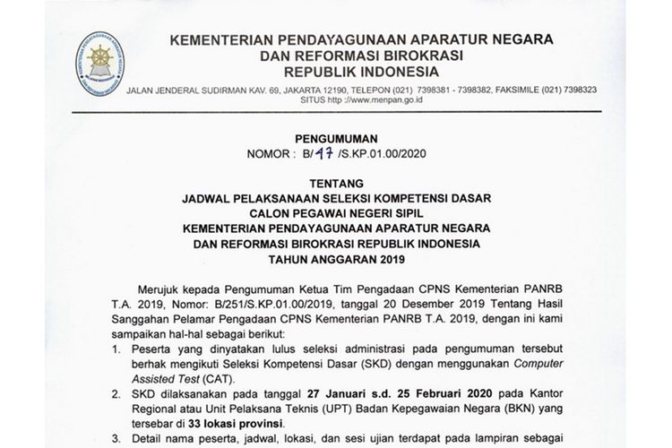 Jadwal dan lokasi Seleksi Kompetensi Dasar (SKD) CPNS 2019 Kementerian Pendayagunaan Aparatur Negara dan Reformasi Birokrasi (KemenpanRB).