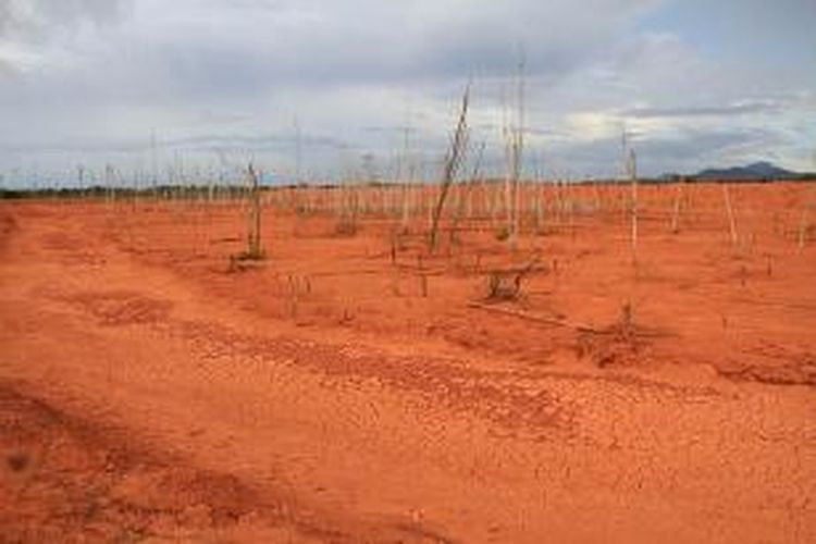 Kolam penampung limbah di kawasan bekas tambang bauksit milik PT.HPAM di site desa Mekar Utama, Kecamatan Kendawangan, Ketapang, Kalimantan Barat (9/2/2015).