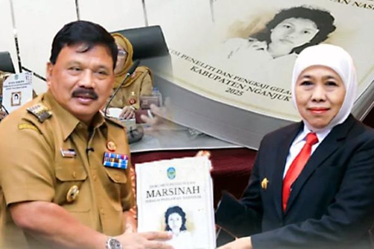 Bupati Nganjuk (kiri) menunjukkan komitmen kuatnya dalam mengusulkan Marsinah, aktivis buruh yang menjadi simbol perjuangan hak asasi manusia, agar mendapat gelar Pahlawan Nasional.