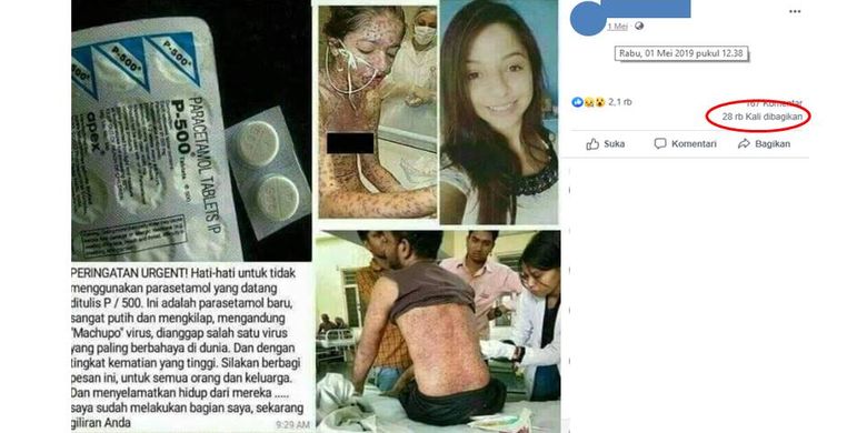 Unggahan di Facebook tentang Parasetamol P-500 mengandung virus berbahaya.