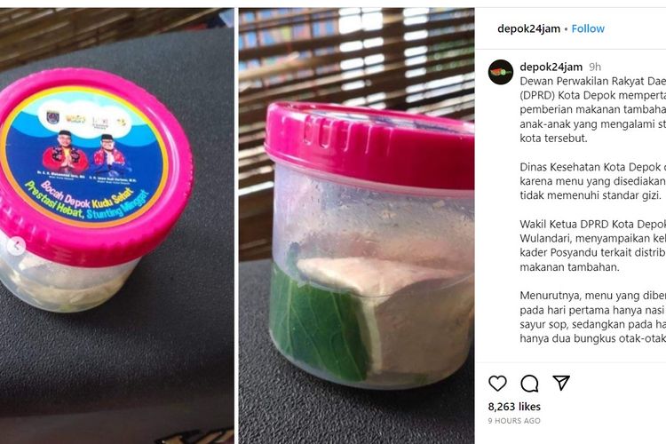 Foto viral menu makanan pencegah stunting dari Pemerintah Kota Depok cuma tahu putih dan sawi diberi kuah.