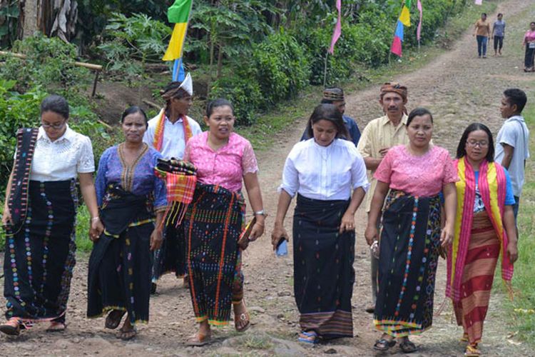 Warga Kampung Waekolong, Desa Ranakolong, Kecamatan Kota Komba, Kabupaten Manggarai Timur, Nusa Tenggara Timur, Kamis (12/10/2017), dengan pakaian adat songke dan kebaya menunggu di pintu gerbang kampung untuk menyambut Imam Baru, Pater Gabriel Akhir, SVD. 