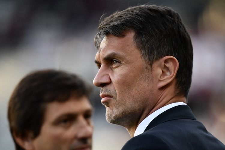 Direktur Teknik AC Milan, Paolo Maldini, saat menghadiri laga antara Torino dan AC MIlan di Stadion Grande Torino, Turin, 28 April 2019.