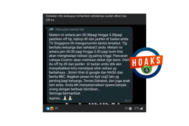 Hoaks, imbauan mematikan ponsel untuk menghindari radiasi kosmik