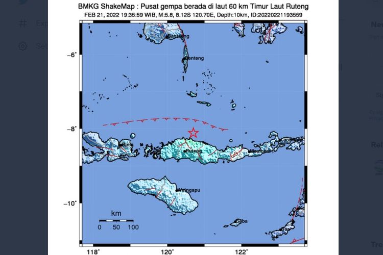 Tangkapan layar akun Twitter @infoBMKG, Gempa Terkini guncang Laut Flores berkekuatan M 5,8, gempa bumi tektonik tidak berpotensi tsunami.