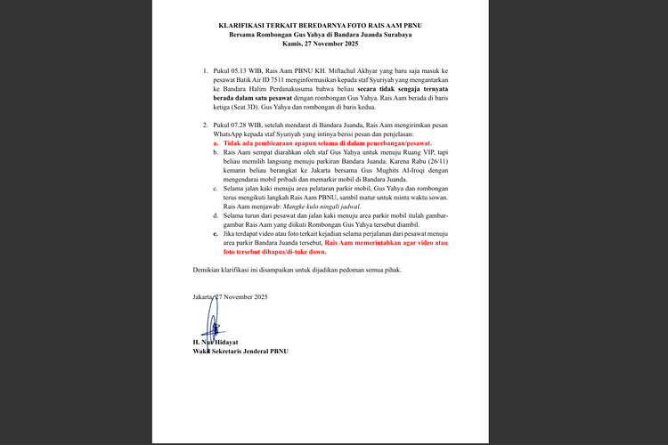 Wakil Sekretaris Jenderal Pengurus Besar Nahdlatul Ulama (PBNU), H Nur Hidayat, memberikan klarifikasi resmi terkait beredarnya foto Rais Aam PBNU KH Miftachul Akhyar yang terlihat bersama rombongan mantan Ketua Umum PBNU Yahya Cholil Staquf (Gus Yahya) di Bandara Juanda, Surabaya, pada Kamis (27/11/2025).