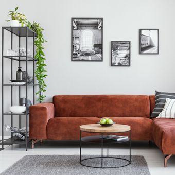 Ilustrasi ruang tamu dengan sofa cokelat. 