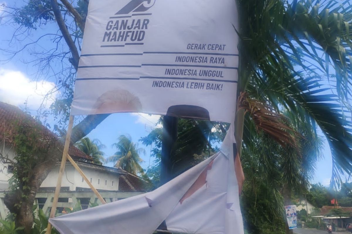 Baliho ucapan selamat datang Ganjar - Mahfud yang rusak di Banyuwangi, Rabu (7/2/2024)