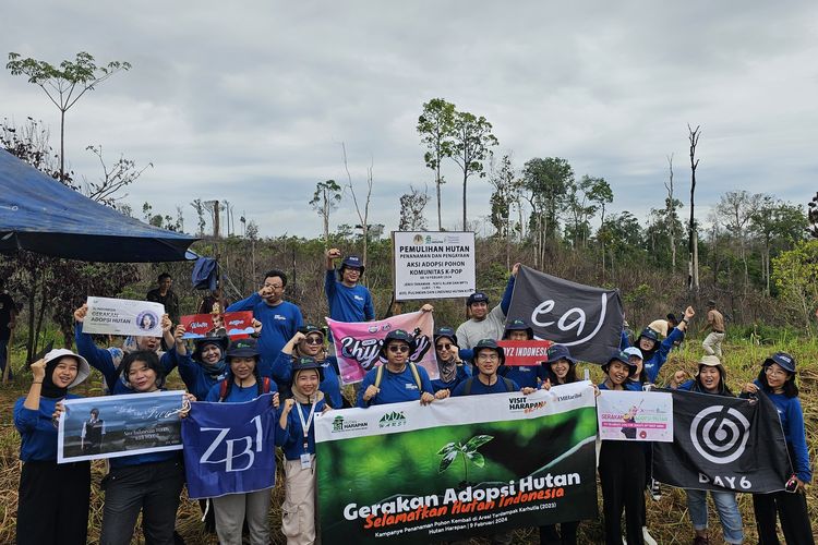 Para penggemar K-pop mengikuti aksi menanam pohon di Hutan Harapan, Jambi, Jumat (9/2/2024).