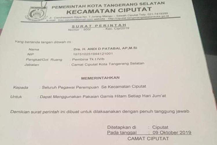 Surat Perintah dari Camat Ciputat tentang pemakaian gamis hitam yang terklarifikasi sebagai hoaks