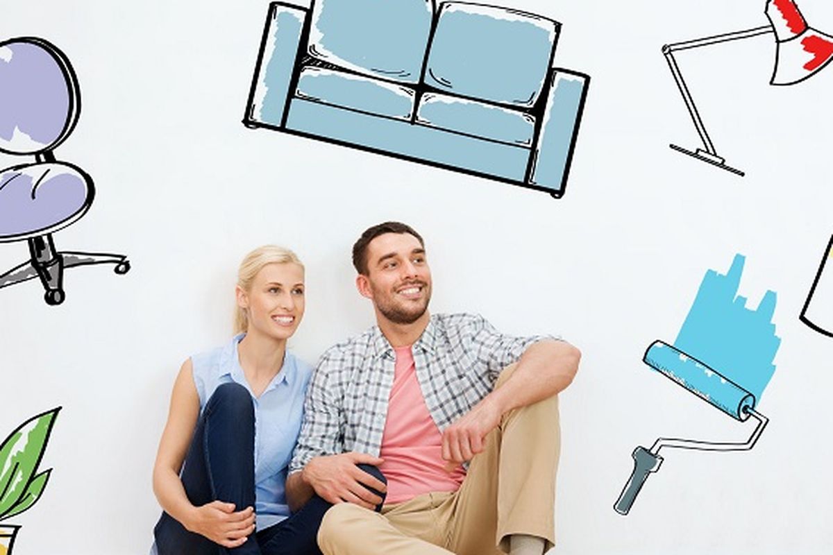 home, people, repair, moving and real estate concept - happy couple of man and woman sitting on floor at new place over interior doodles background