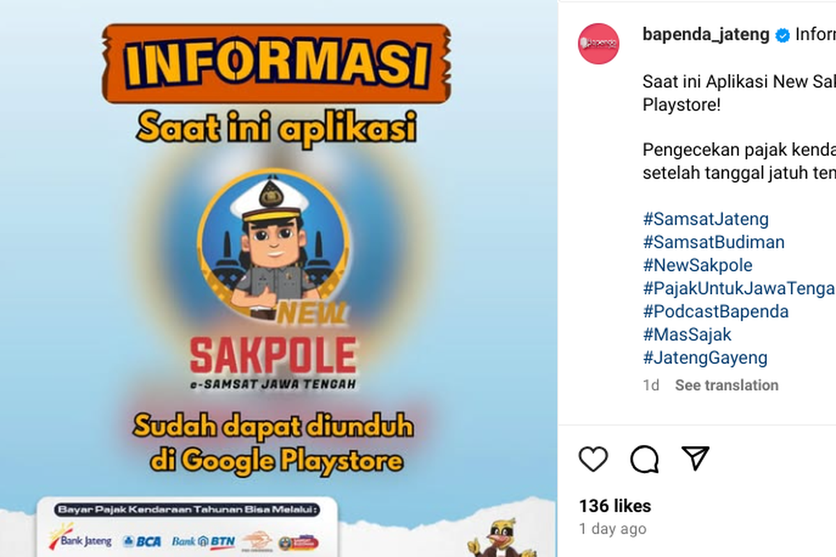 Aplikasi Samsat Online Jawa Tengah, New Sakpole, sudah bisa diakses dengan beberapa pembaruan.