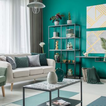Ilustrasi ruang tamu dengan nuansa warna hijau. 