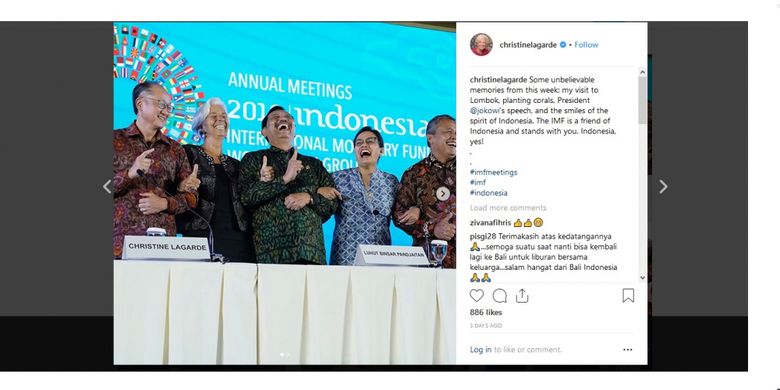 Presiden Bank Dunia Jim Yong Kim (kiri), Direktur Pelaksana IMF Christine Lagarde (kedua kiri), Ketua Panitia IMF-Bank Dunia 2018 Luhut Binsar Pandjaitan (tengah), Menteri Keuangan Sri Mulyani (kedua kanan), dan Gubernur Bank Indonesia Perry Warjiyo dalam penutupan IMF Nusa Dua Bali, Minggu (14/10/2018).