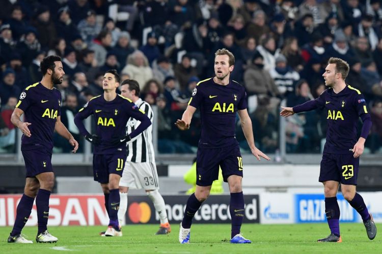 Harry Kane merayakan gol Tottenham Hotspur ke gawang Juventus pada pertandingan babak 16 besar Liga Champions di Stadion Allianz, 13 Februari 2018.