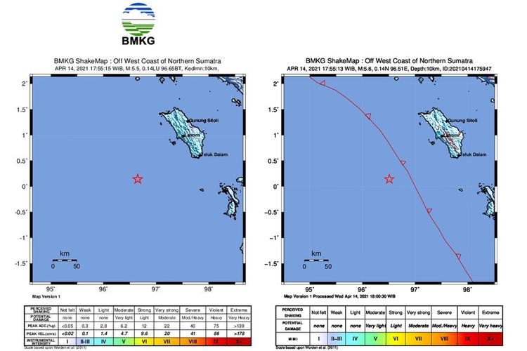 Gempa yang terjadi hari ini, Rabu (14/4/2021). Hasil analisis BMKG dalam informasi pendahuluan menunjukkan gempa bumi ini memiliki magnitudo 5,6, kemudian di-update menjadi magnitudo 5,5. Episenter gempa bumi terletak pada koordinat 0,14 LU dan 96,65 BT , atau tepatnya berlokasi di laut pada jarak 133 kilometer arah Barat Daya Kota Lahomi, Kabupaten Nias Barat, Sumatera Utara, pada kedalaman 10 kilometer.