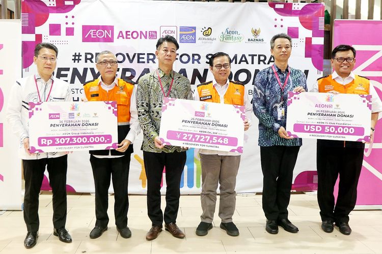 Penyerahan donasi Aeon Group untuk pemulihan pendidikan dan kesehatan pascabencana Sumatera melalui Baznas RI (26/2/2026).
