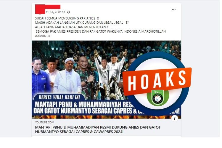 Tangkapan layar Facebook narasi yang menyebut PBNU dan PP Muhammadiyah resmi mendukung Anies Baswedan dan Gatot Nurmantyo sebagai capres-cawapres