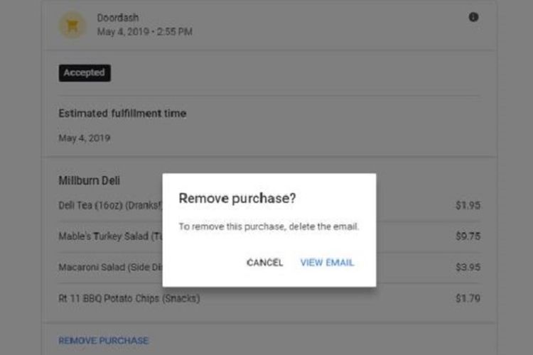 Tangkapan layar menghapus daftar riwayat belanja online di Google yang tidak mudah, pengguna harus menyisir pesan masuk di Gmail untuk menghapusnya.