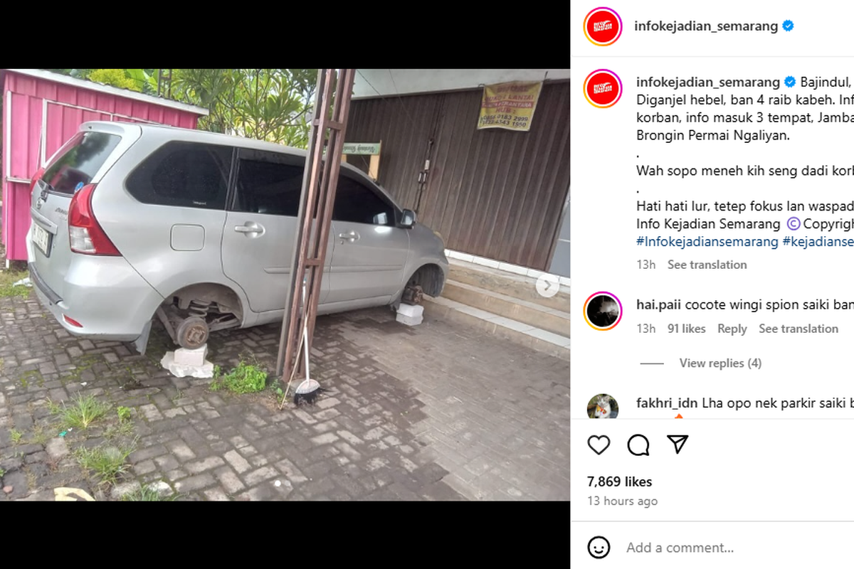 Pencurian empat ban dan pelek mobil.