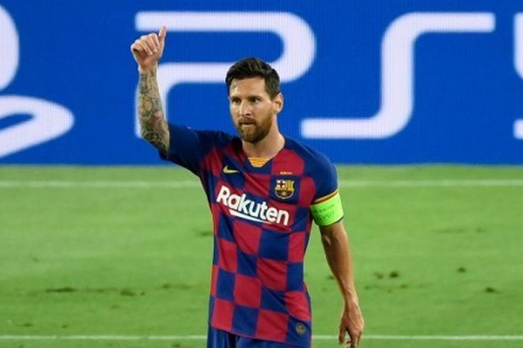 Lionel Messi merayakan gol yang dicetaknya dalam laga leg kedua babak 16 besar antara Barcelona dan Napoli di Stadion Camp Nou, Sabtu (8/8/2020) atau Minggu (9/8/2020) dini hari WIB. 