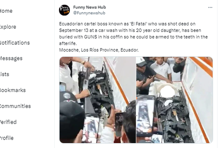 Tangkapan layar unggahan yang memperlihatkan peti mati bos kartel narkoba asal Ekuador, Julian Sevillano, penuh dengan senjata api.