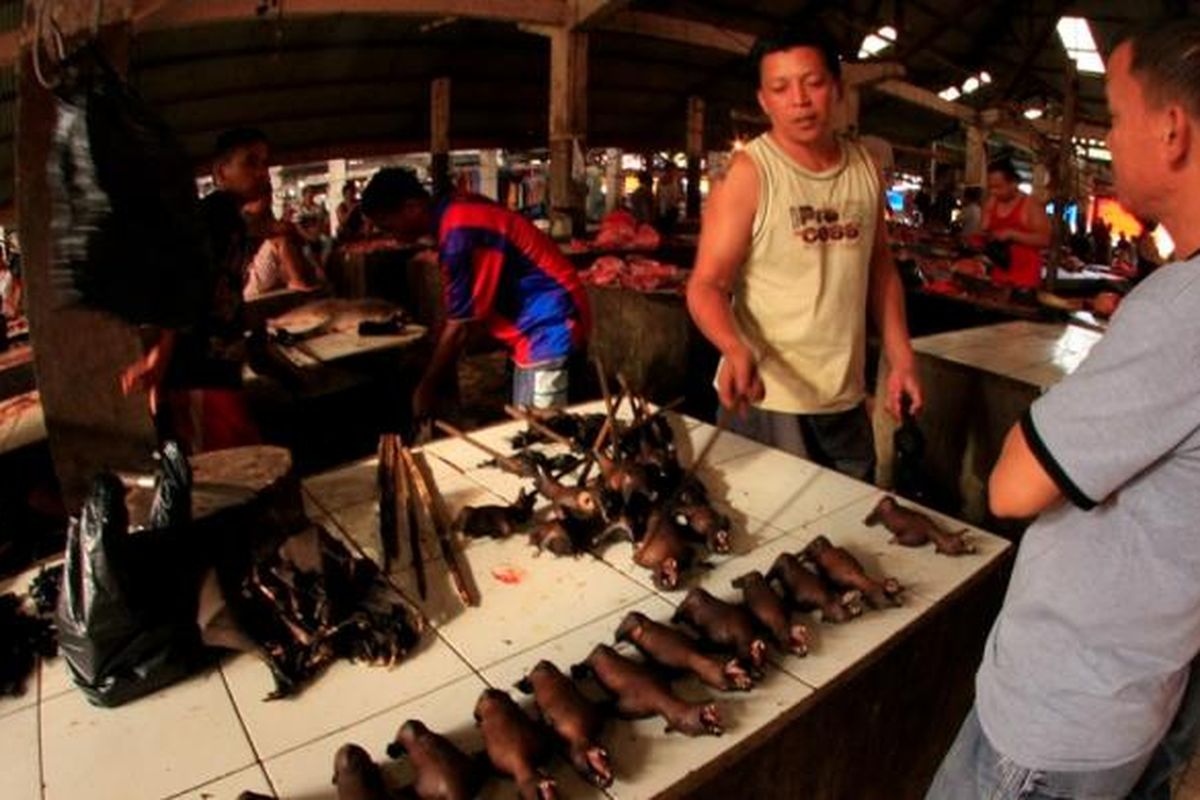 Susana di dalam pasar tradisional Tomohon, Sulawesi Utara, Minggu (29/7/2012). Pasar ini menjual berbagai jenis daging hewan untuk dijadikan santapan. Beberapa hewan yang tidak lazim dimakan seperti ular, kelelawar, tikus, hingga kera juga kerap dijual di pasar ini.