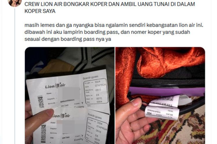 Tangkapan layar cerita seorang penumpang Lion Air bernama Apsharini Putri Komara yang uang miliknya di dalam koper diduga dicuri oleh ground staff.