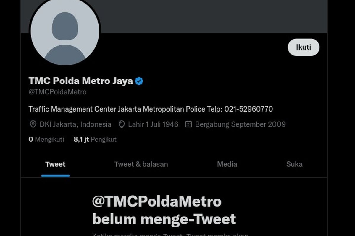 Tampilan akun resmi @TMCPoldaMetro usai mengalami peretasan, Kamis (1/12/2022). 