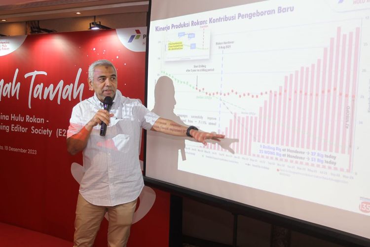 Direktur Utama PT Pertamina Hulu Rokan Chalid Said Salim saat memaparkan kinerja Wilayah Kerja Rokan pada 2023 dan proyeksi 2024, di Jakarta, Selasa (19/12/2023).