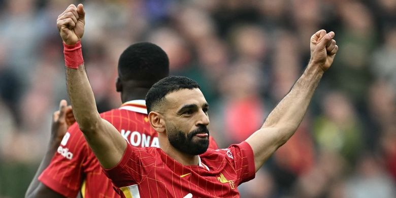 Penyerang Liverpool, Mohamed Salah, saat merayakan gol pada ajang Liga Inggris 2025-2026.