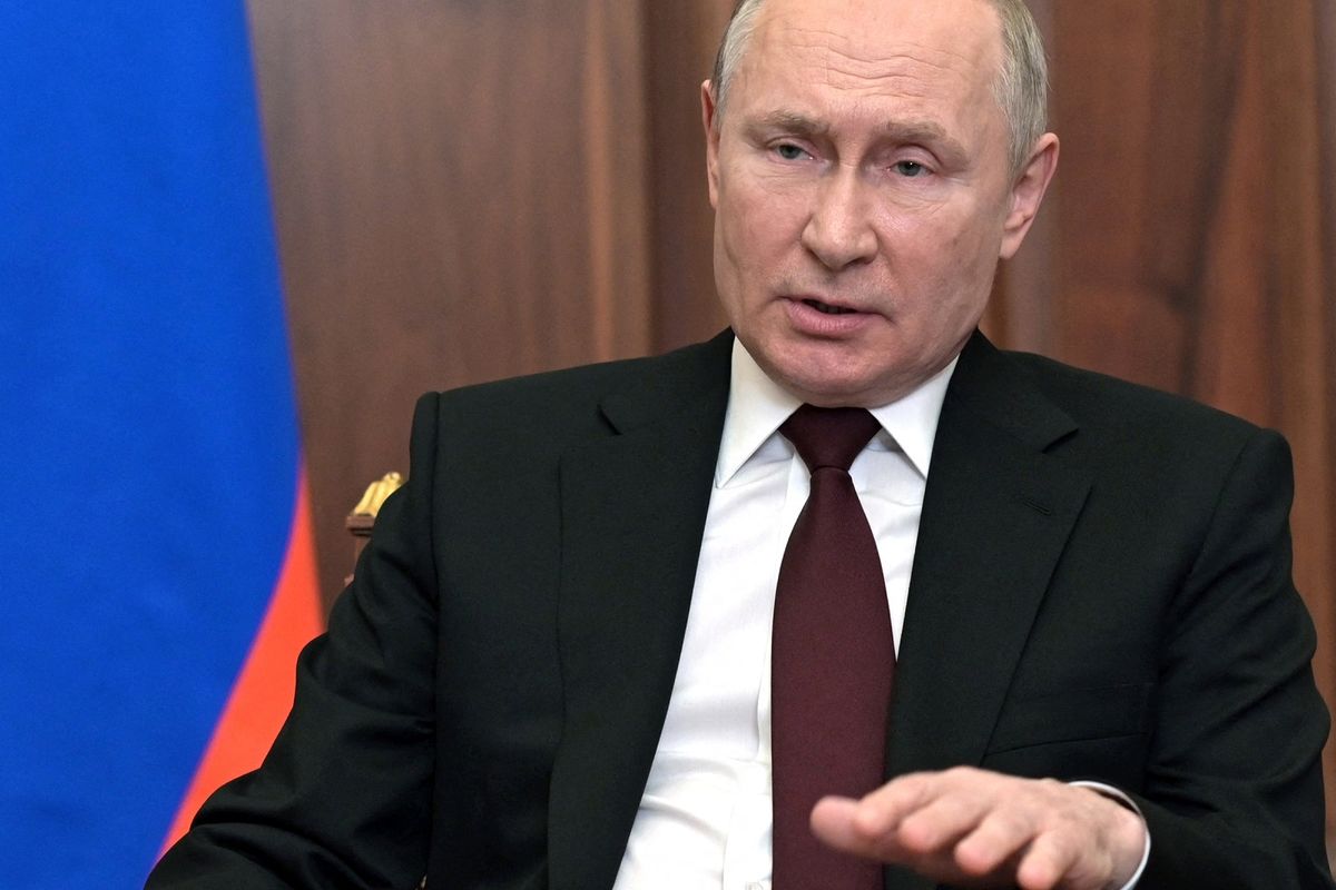 Presiden Rusia Vladimir Putin saat berpidato di Kremlin, Moskwa, Senin (21/2/2022).